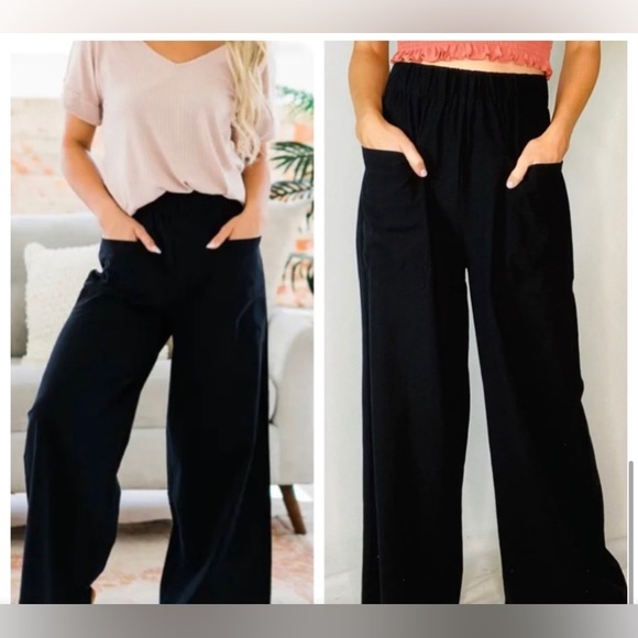 NWOT Black Palazzo Pants 100% Cotton Linen-feel Front Patch Pockets L - Picture 2 of 7